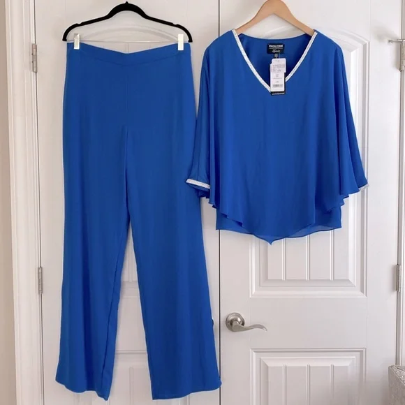 Frank Lyman NWT Women's Imperial Blue Pants Outfit w/ Chiffon Overlay Size L - Picture 3 of 16